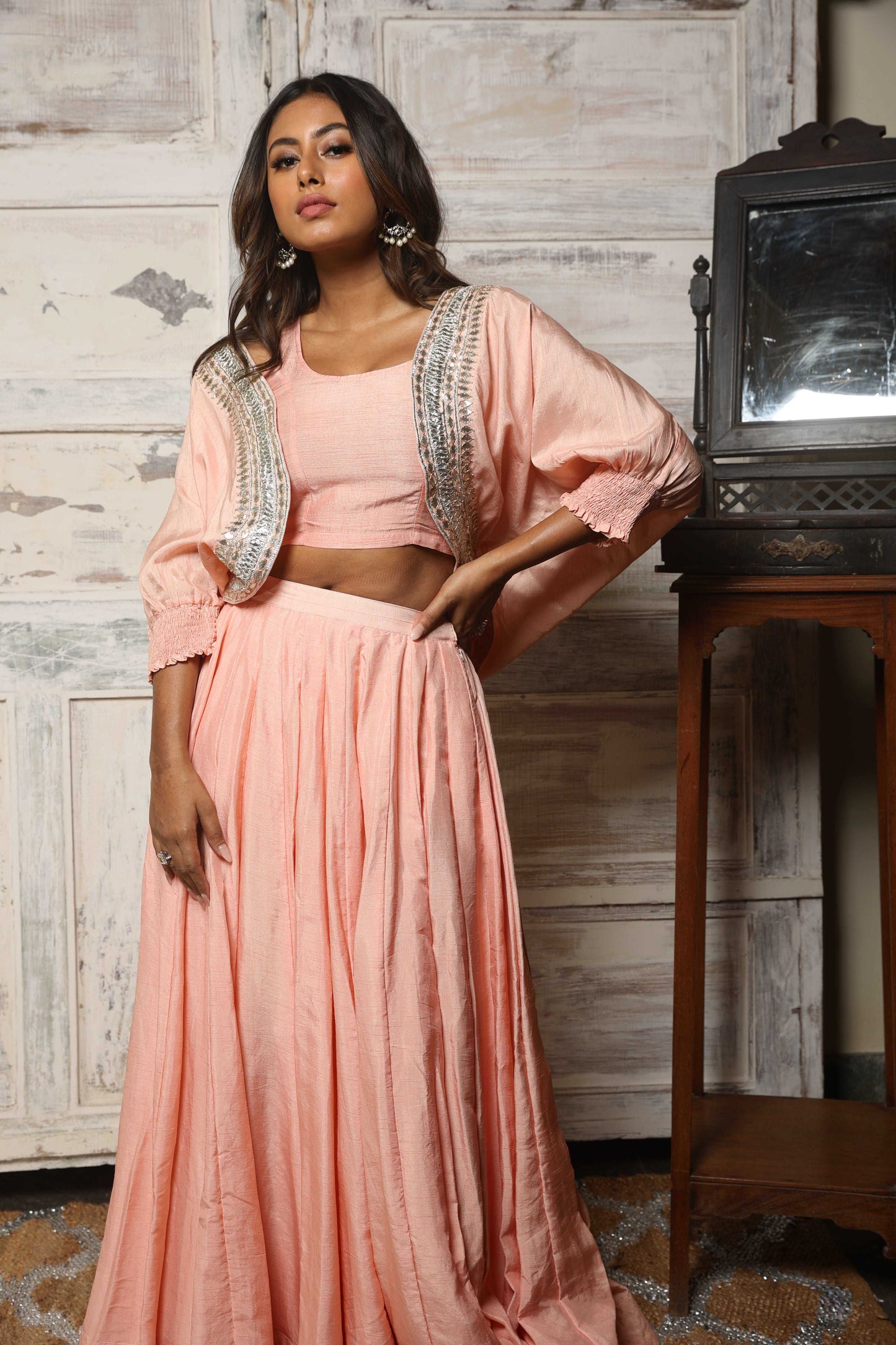 Bolero jacket with paneled lehenga set