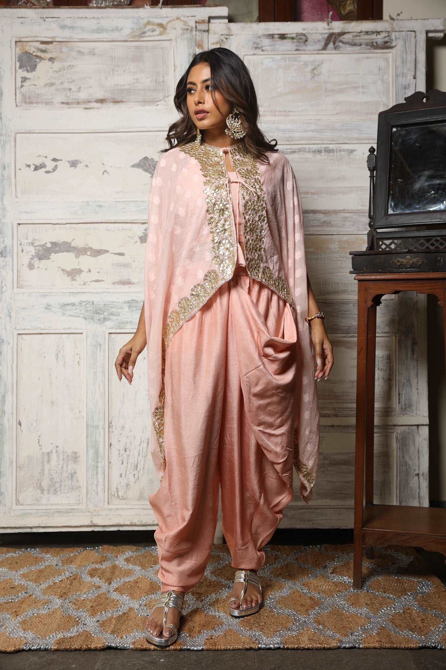 Collared cape and draped pant set