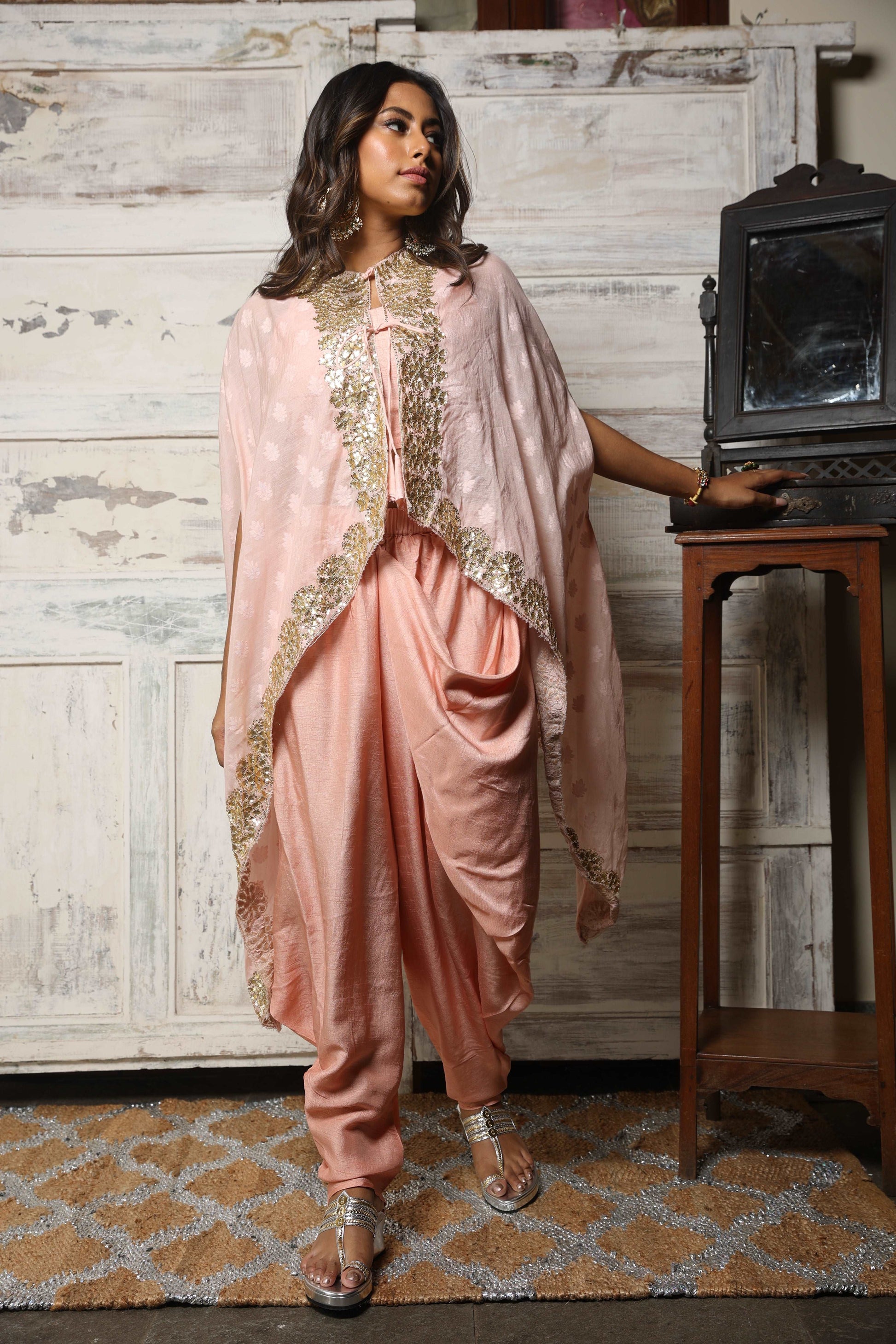 Collared cape and draped pant set