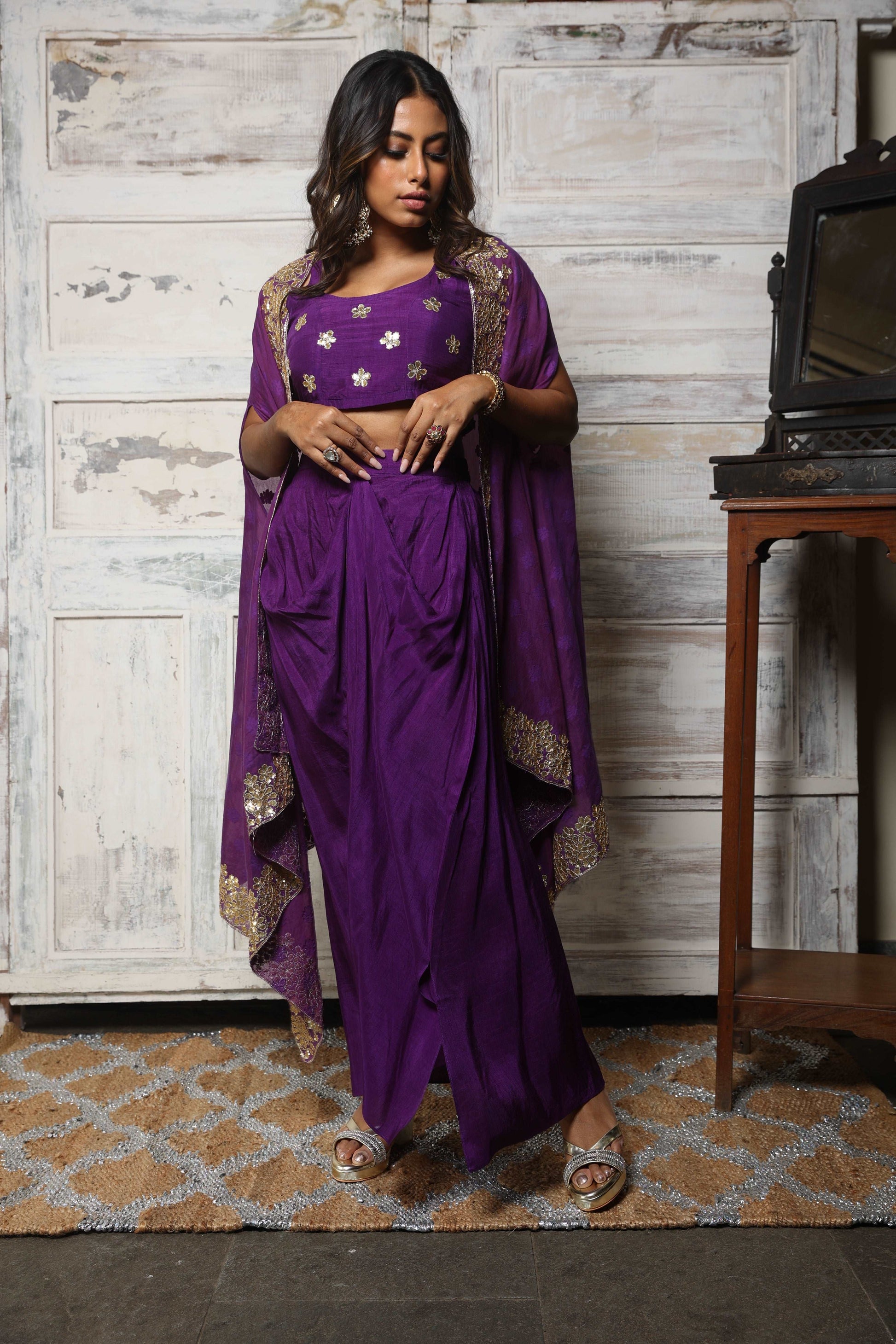 Embroidered cape set with draped skirt