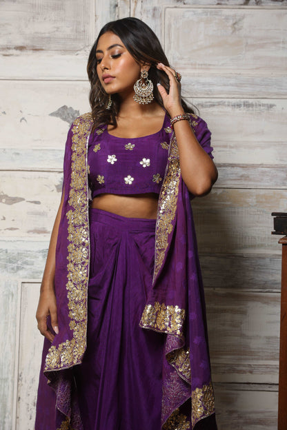 Embroidered cape set with draped skirt