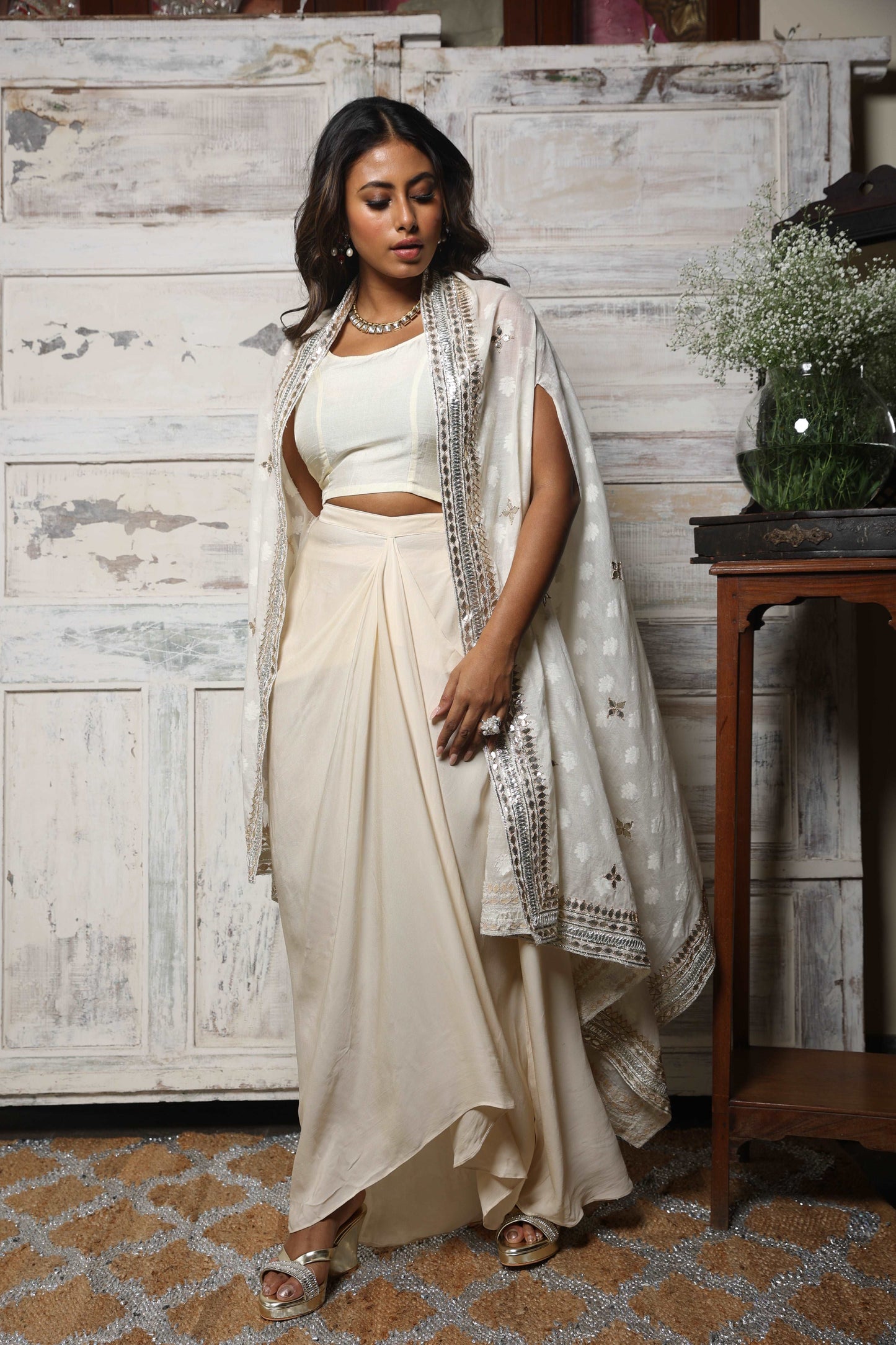 Embroidered cape set with draped skirt