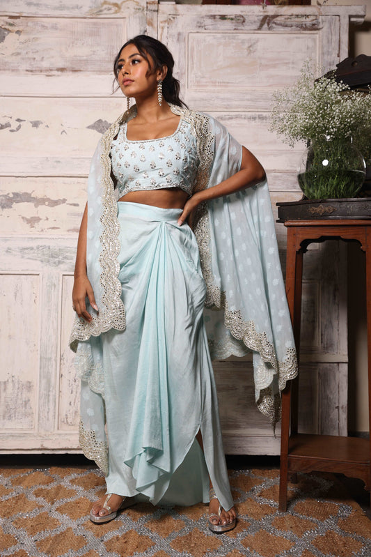 Embroidered Cape Set with Draped Skirt