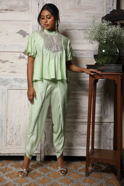 High neck Flutter sleeve top with overlap pants