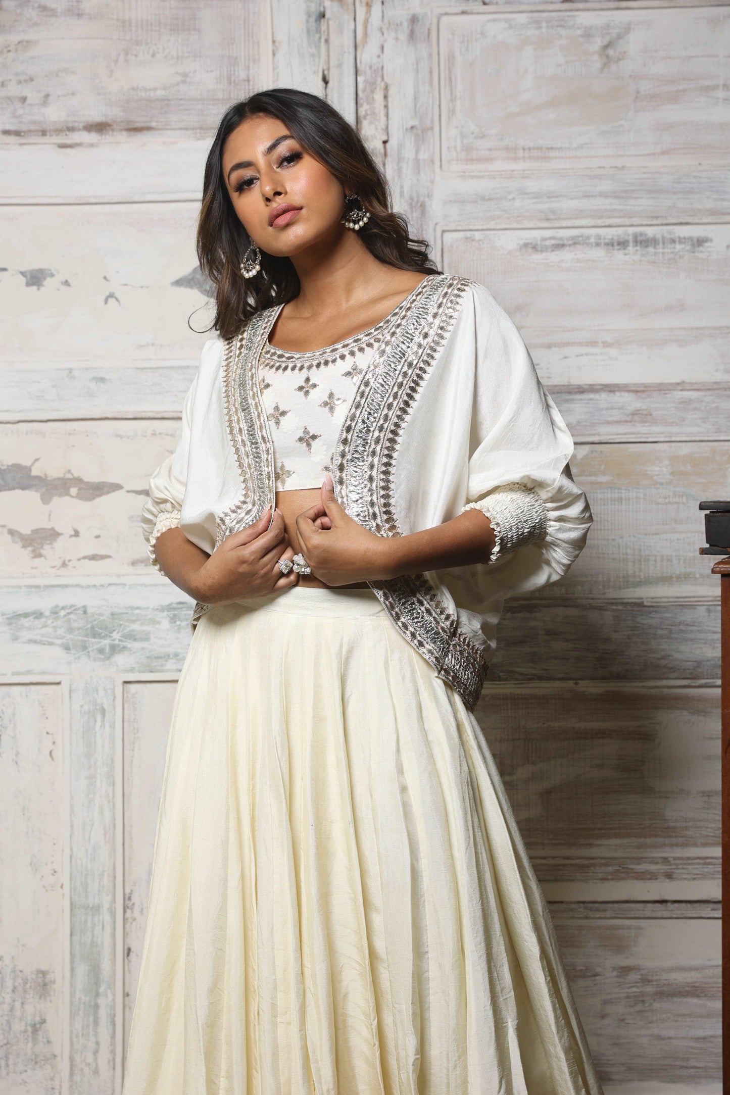 Bolero jacket with paneled lehenga set