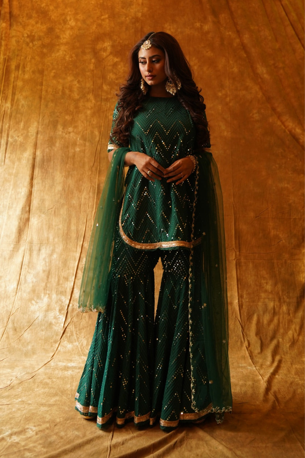 Mirrorwork Sharara Set & Dupatta - Emerald Green