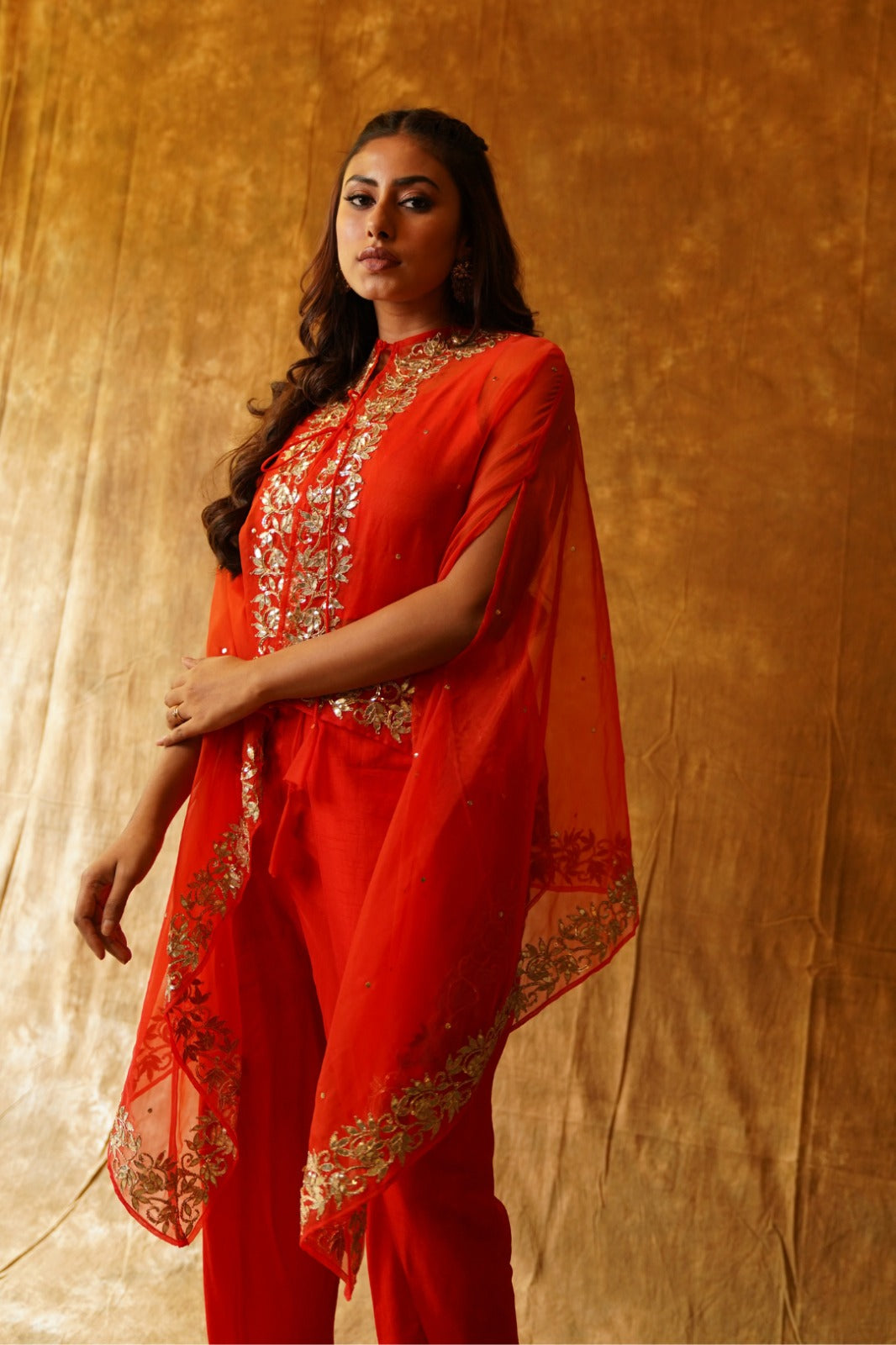 Collared Cape in Organza with Inner and Overlap Dhoti - Red