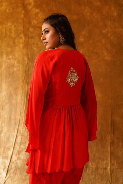 Crimson Radiance: Kaftan Top & Overlap Dhoti Set