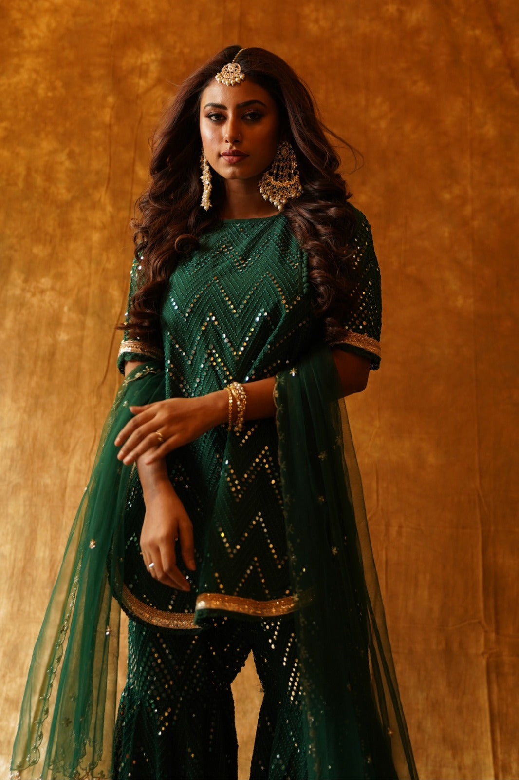 Mirrorwork Sharara Set & Dupatta - Emerald Green