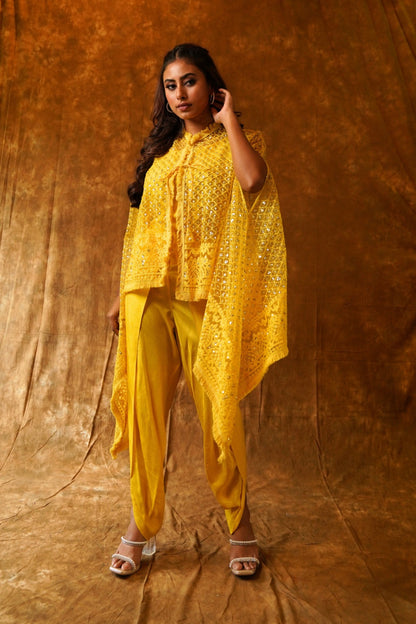 Sunshine Soiree: Net Collared Cape, Dhoti Set