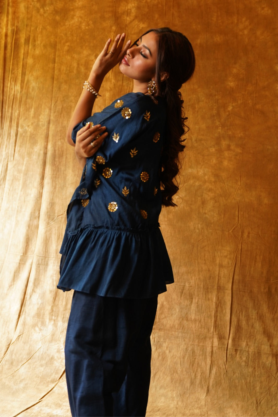 Navy Blue Kaftan Top & Overlap Dhoti Set