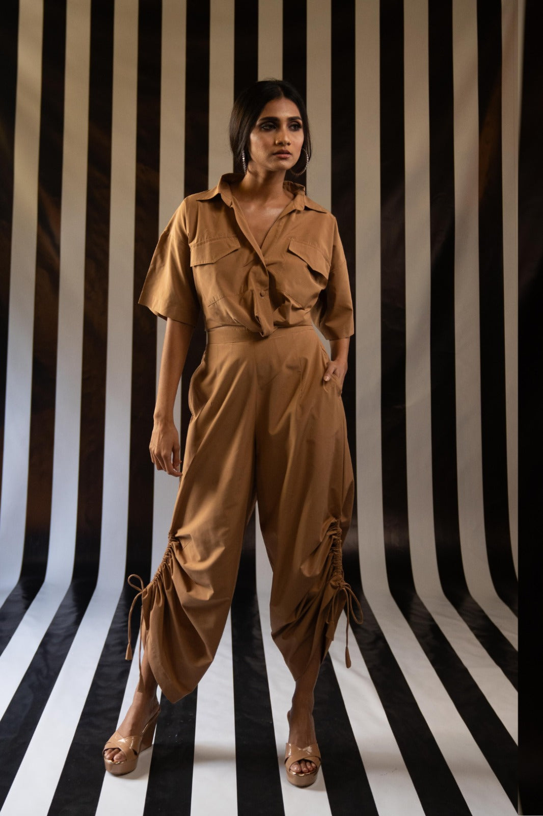 Twist Shirt + Ruched Pant in Tan Cotton - A Versatile Wardrobe Essential