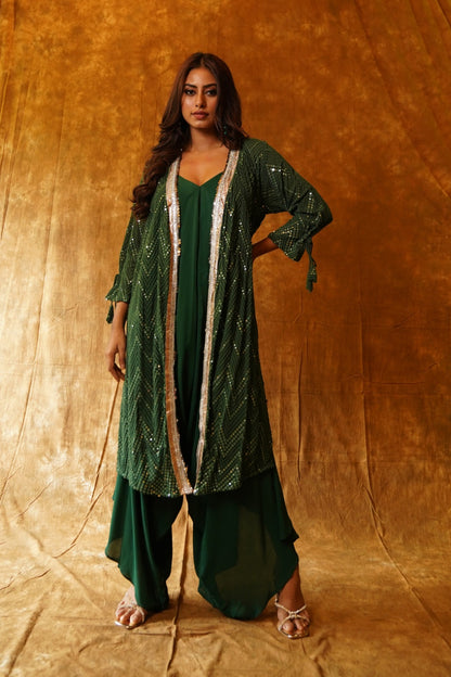 Emerald jumpsuit with mirrorwork and overlay jacket