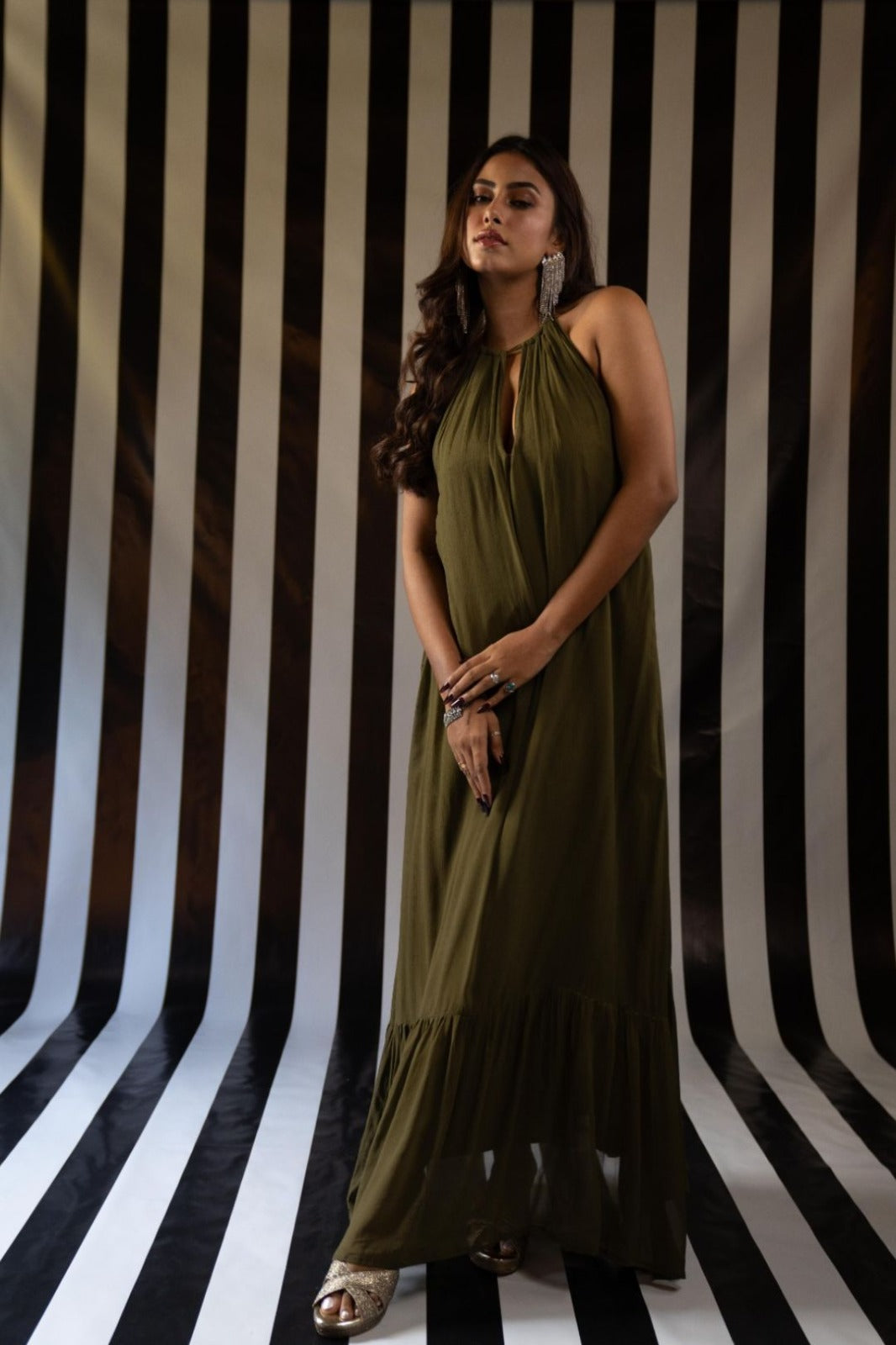 Backless Halter Maxi in Military Georgette