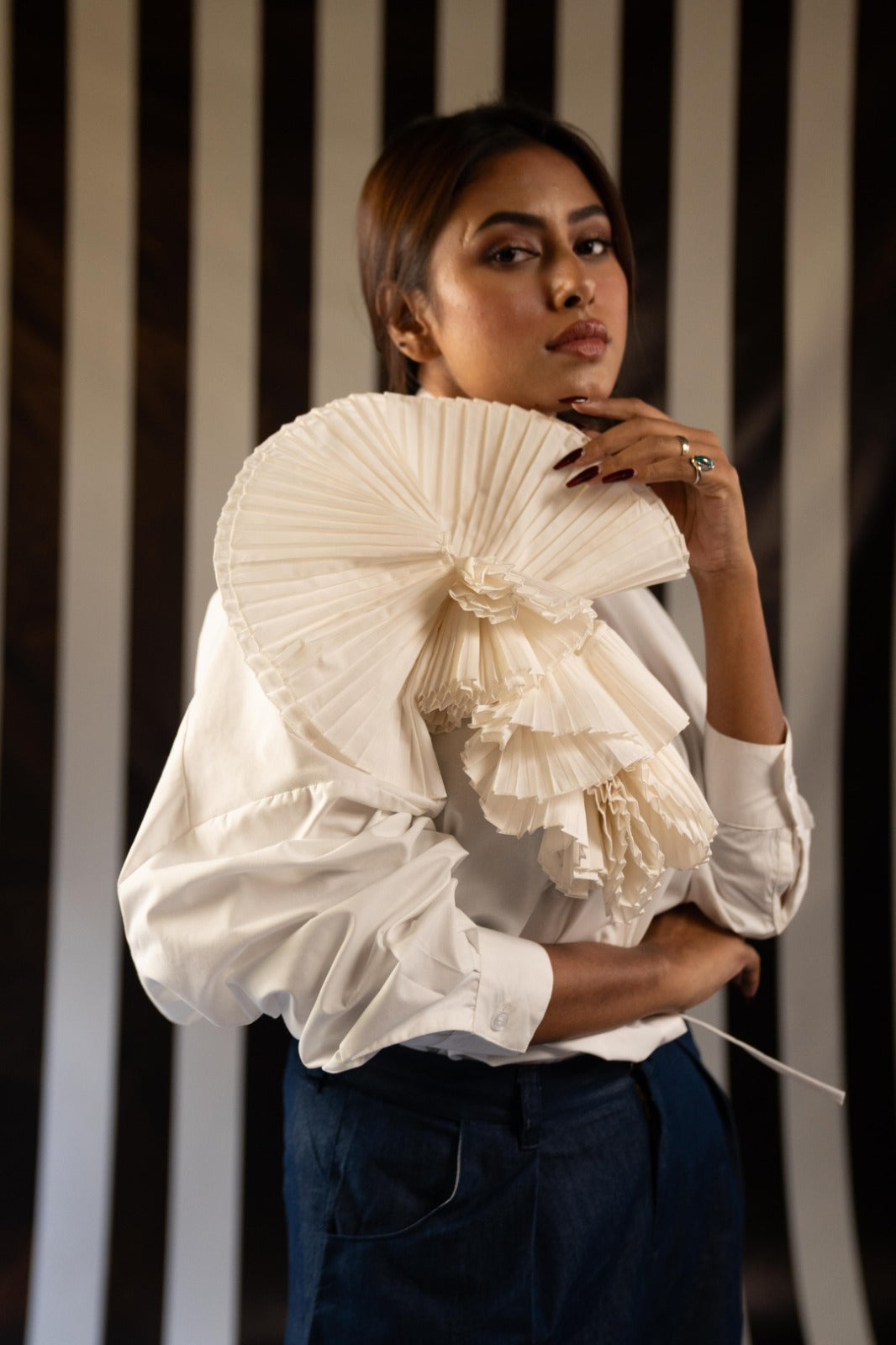 White Pleated Flower Shirt