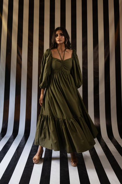 Cotton Midi Dress with Billowy Sleeves