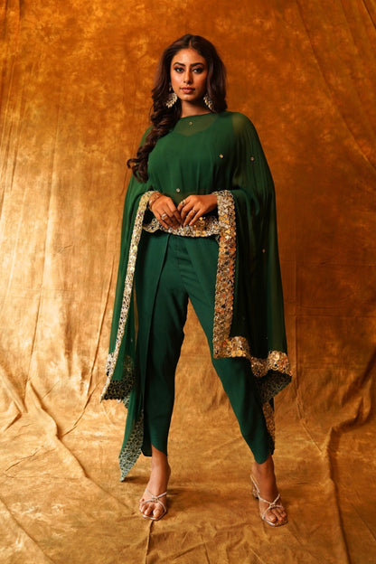 Elegant Emerald Dupatta Cape with Overlap Dhoti & Inner