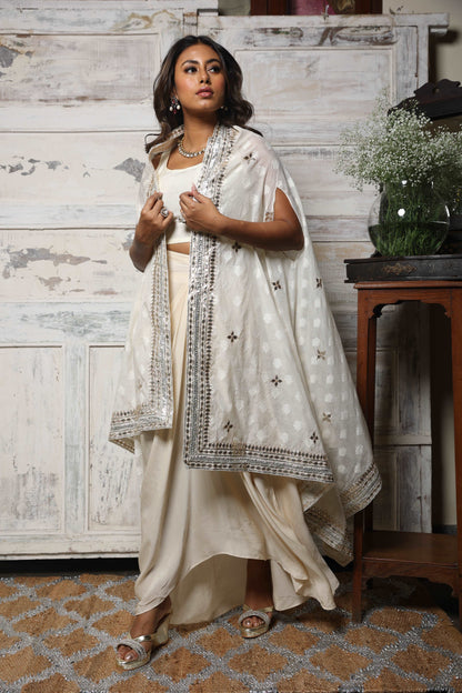 Embroidered cape set with draped skirt