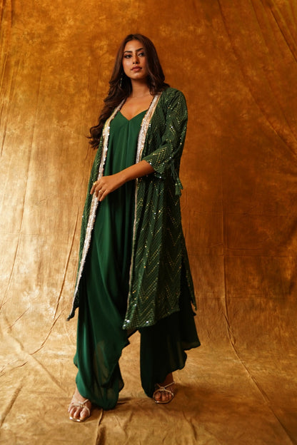 Emerald jumpsuit with mirrorwork and overlay jacket