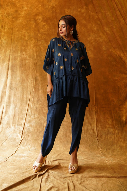 Navy Blue Kaftan Top & Overlap Dhoti Set