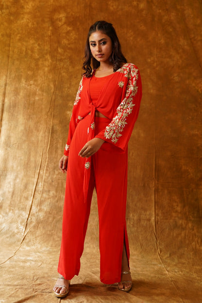 Tie-Up top with Inner and Palazzo Pants in Red