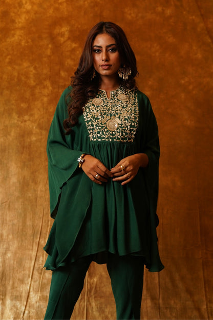 Kaftan Tunic in Emerald Georgette with Overlap Dhoti