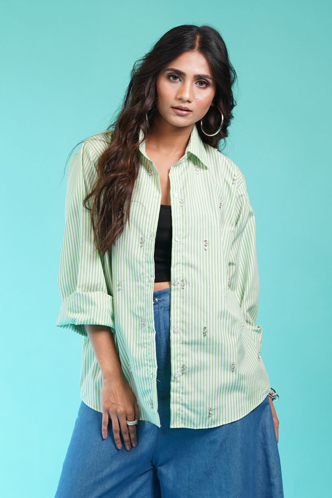 3 Stud Green Stripe Shirt