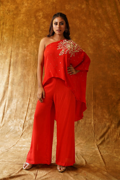 One Shoulder Top and Palazzo Pants in Red