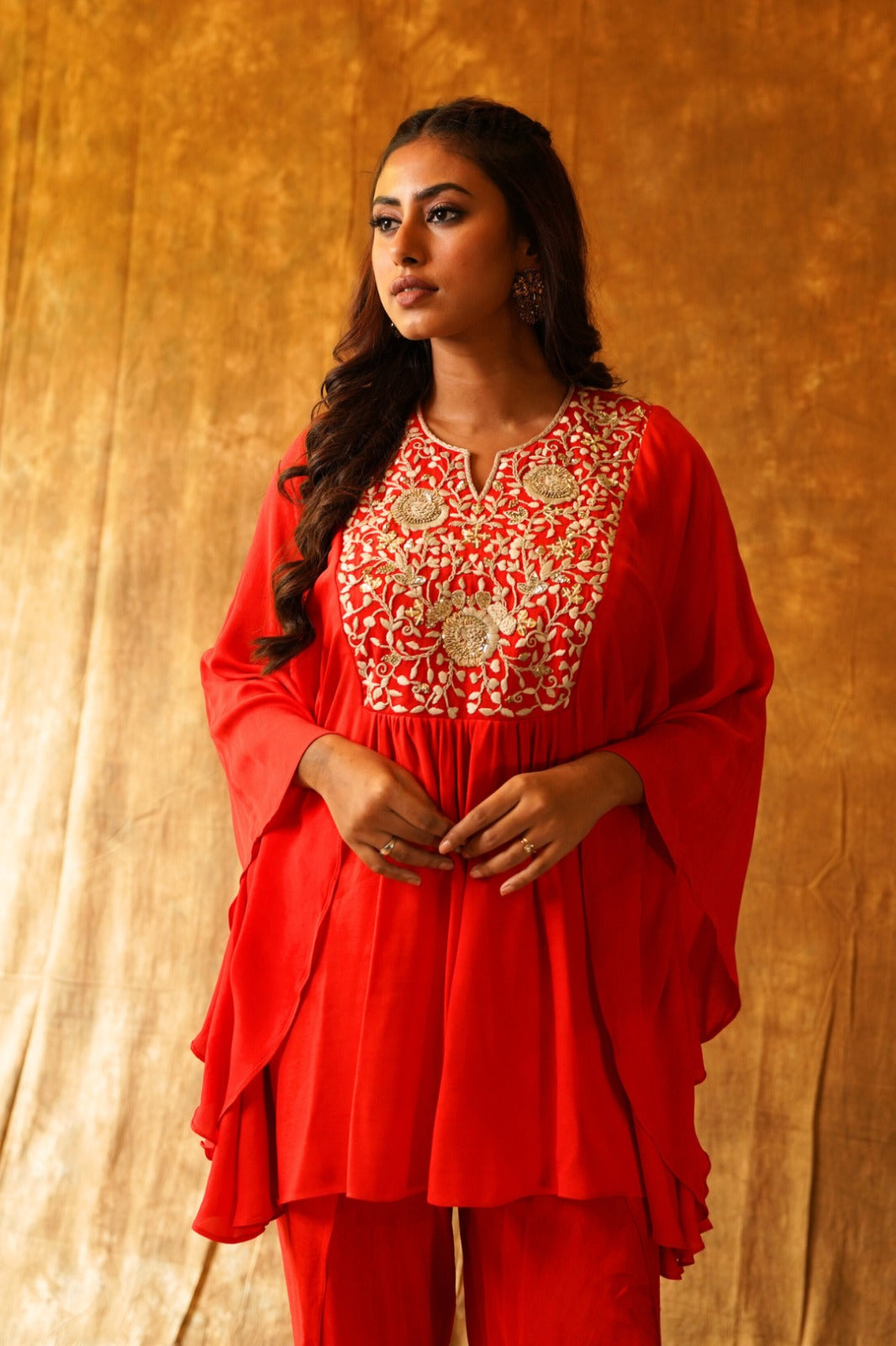 Crimson Radiance: Kaftan Top & Overlap Dhoti Set