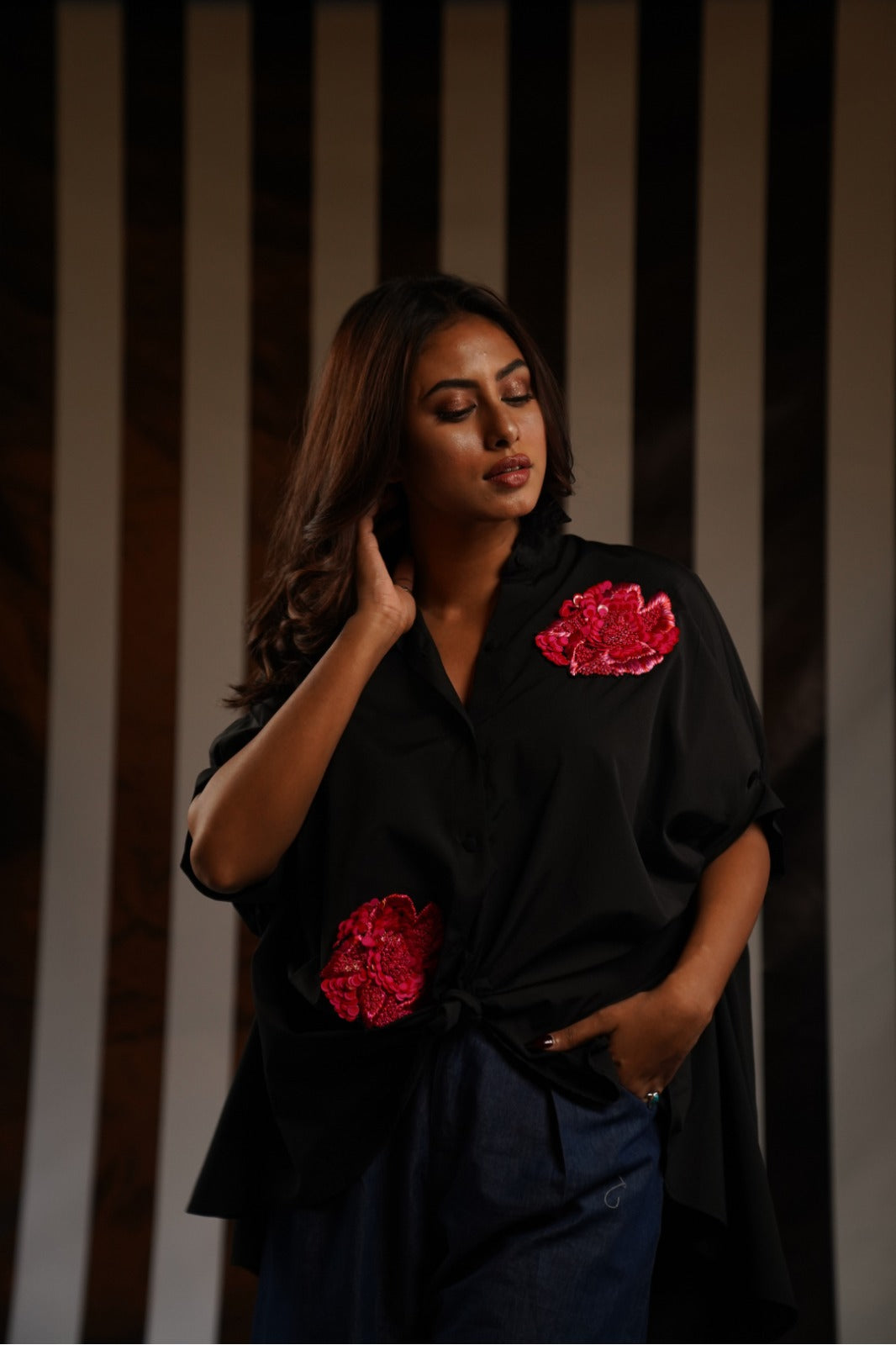 Hand-Embroidered Black/Red Dahlia Shirt