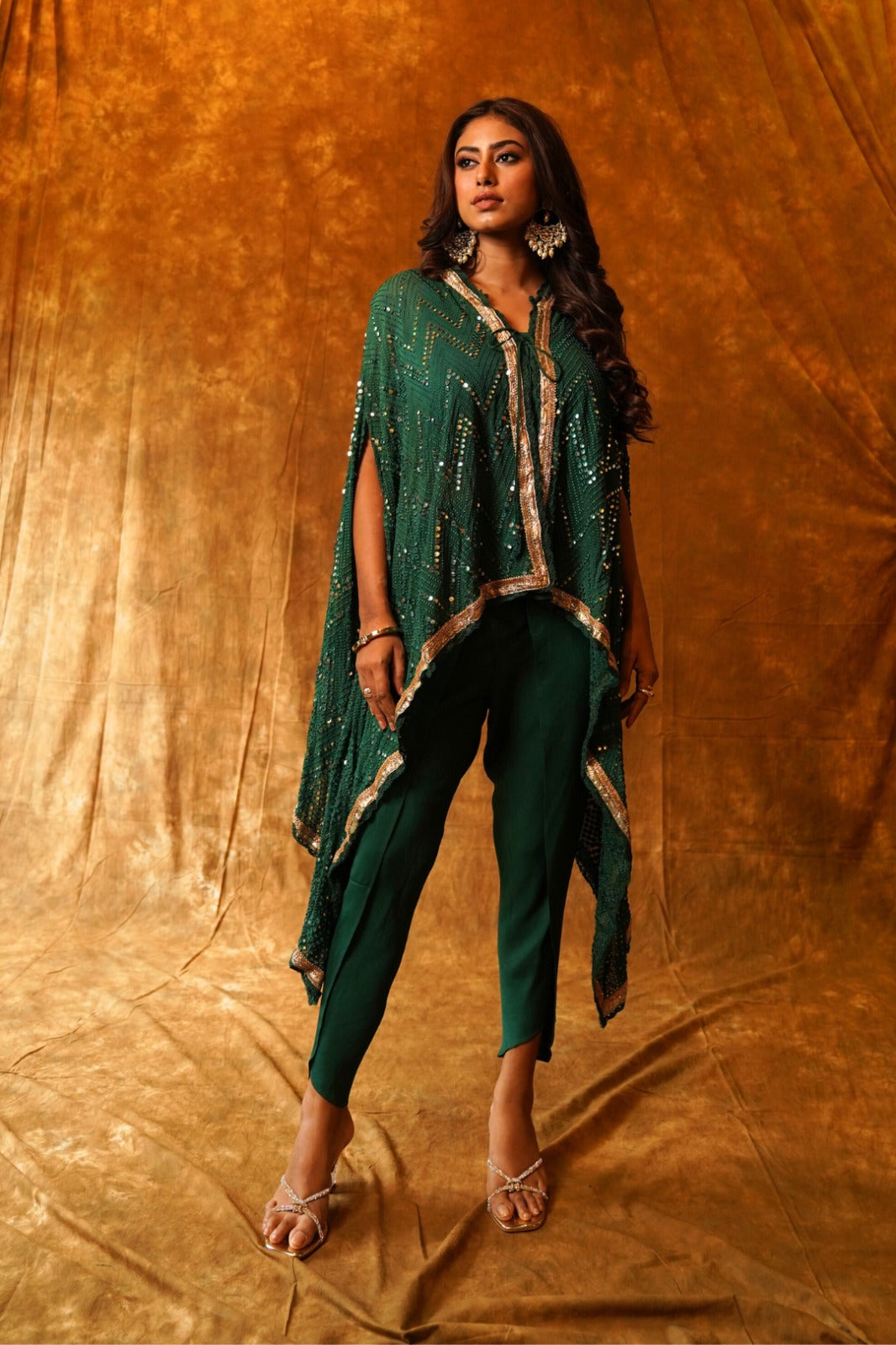 Stylish Emerald Green Collared Cape with Dhoti & Inner