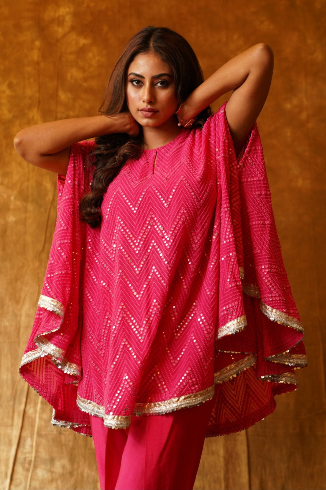 Rani pink mirrorwork poncho & overlap dhoti set