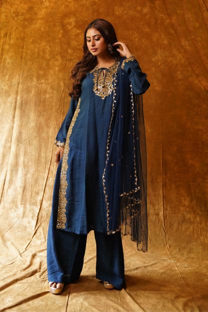 Timeless Elegance: High-Slit Kurta, Palazzo & Dupatta Set - Navy Blue