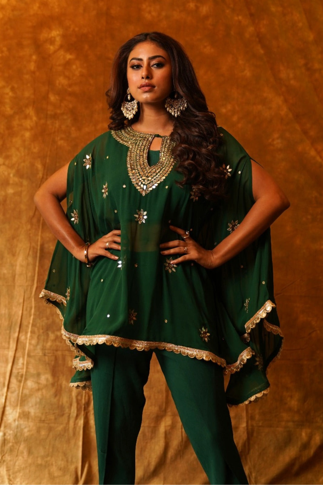 Emerald Mirrorwork Poncho with Overlap Dhoti and Inner