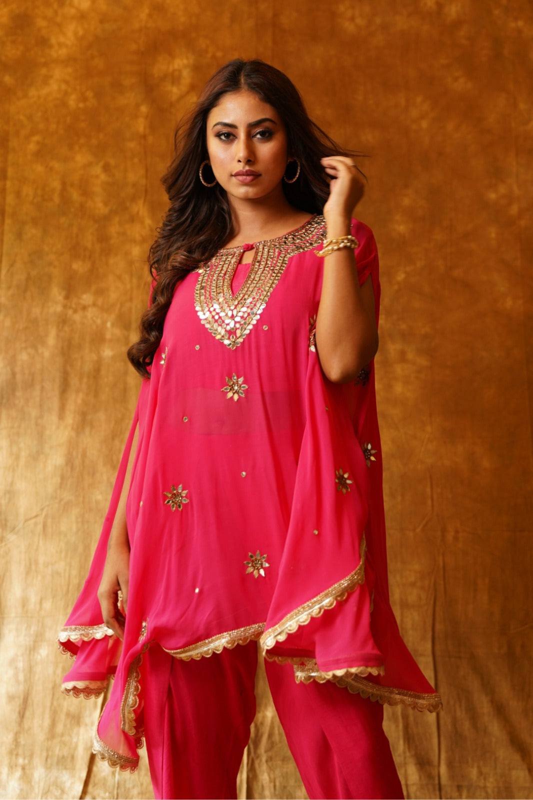 Mirrorwork Poncho & Overlap Dhoti Set - Rani Pink