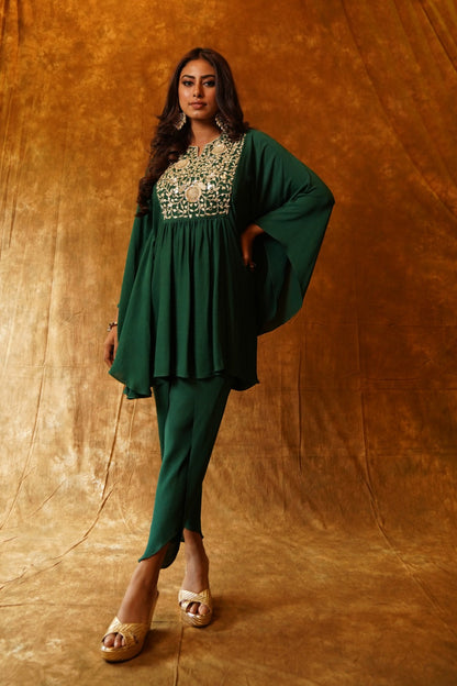 Kaftan Tunic in Emerald Georgette with Overlap Dhoti