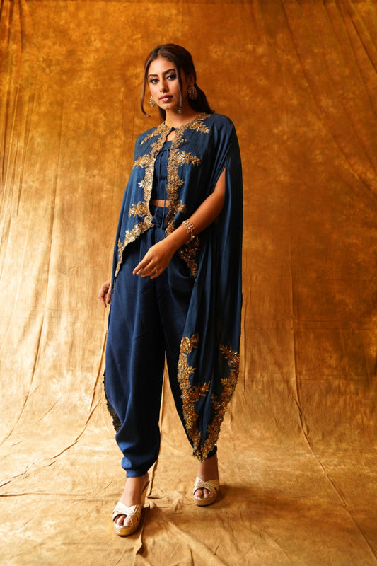 Navy Collared Cape & Draped Dhoti & Inner