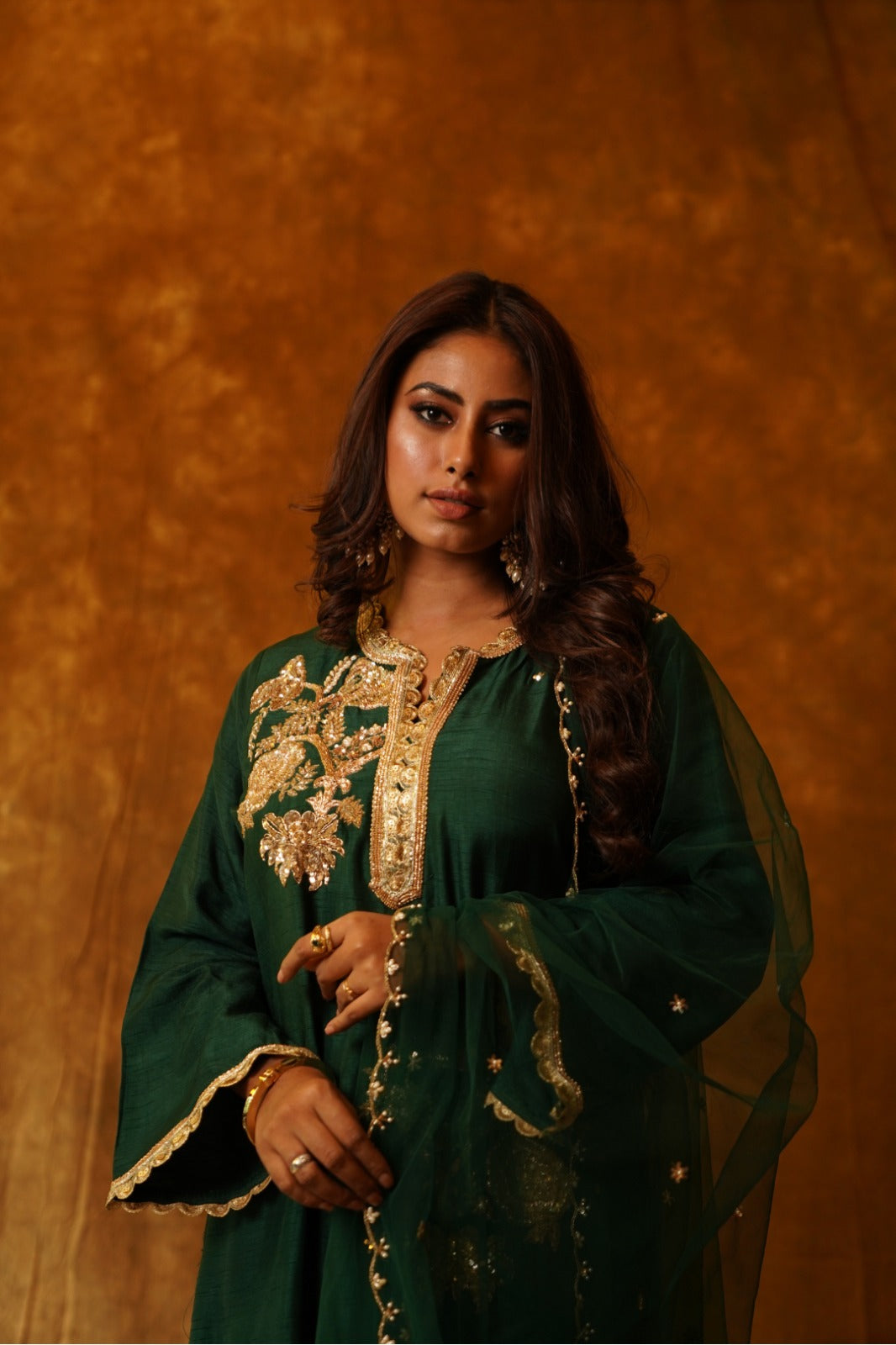 Tunic and Dhoti Set in Emerald with Dupatta