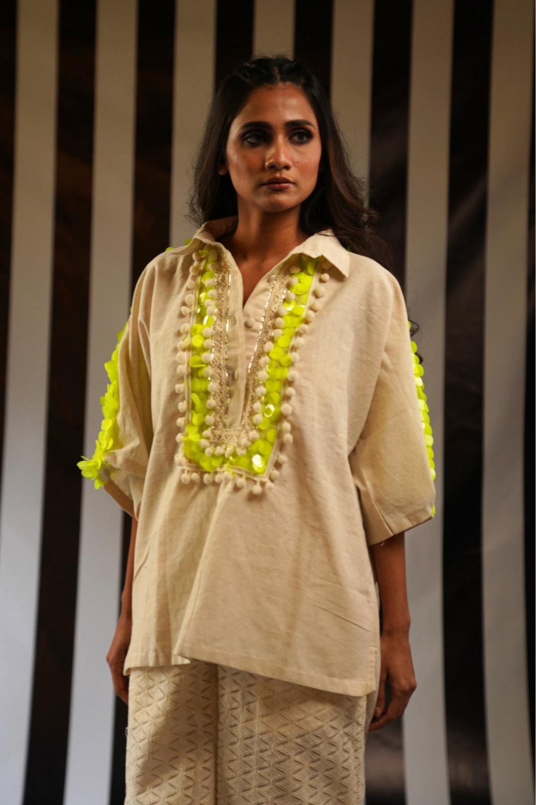 Cream Lime Sequin Lounge Top