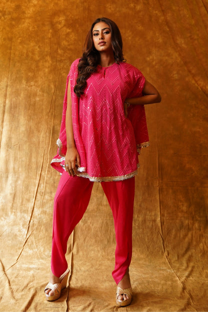 Rani pink mirrorwork poncho & overlap dhoti set