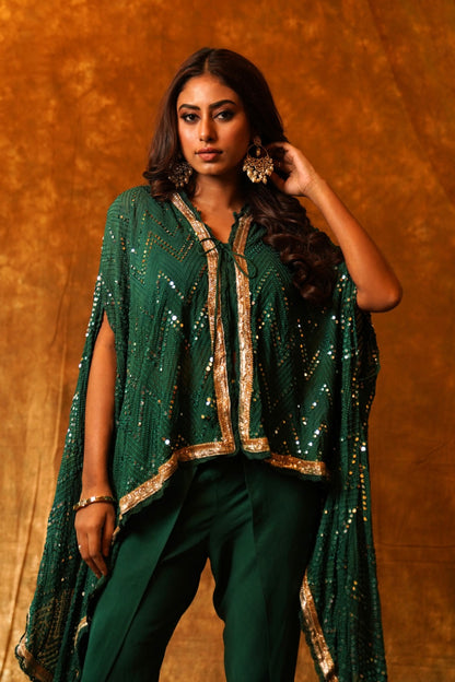 Stylish Emerald Green Collared Cape with Dhoti & Inner