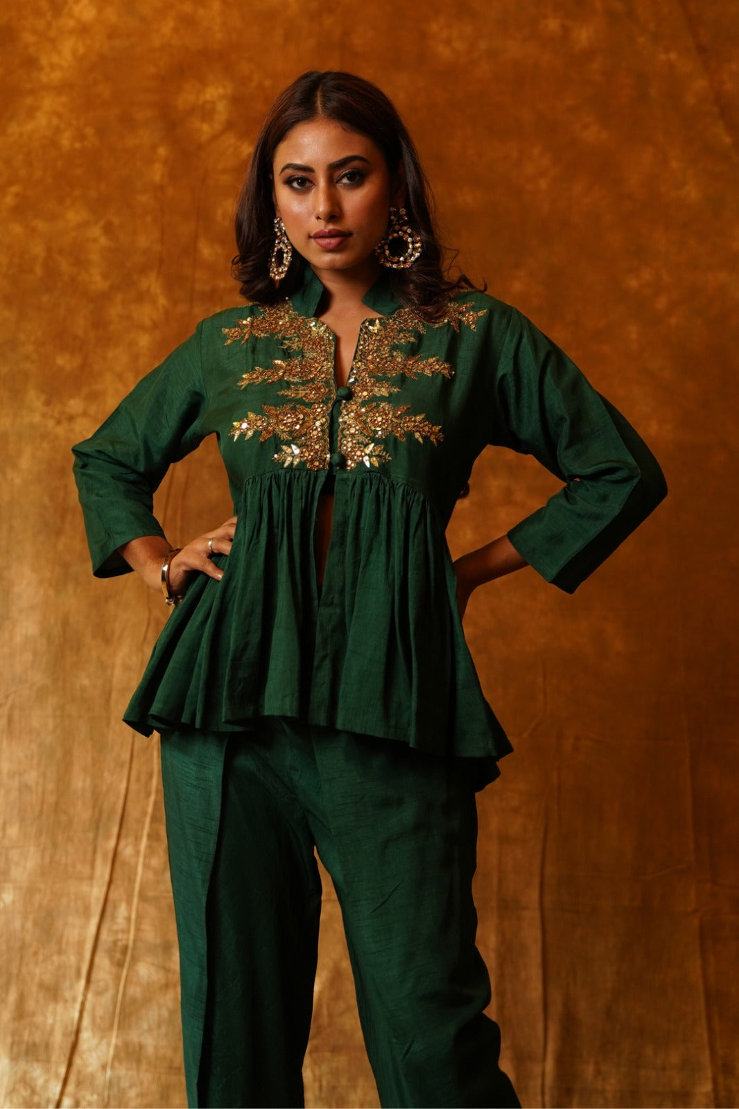 Emerald Elegance: Peplum Top & Overlap Dhoti Set