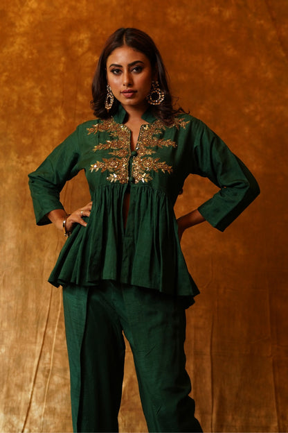 Emerald Elegance: Peplum Top & Overlap Dhoti Set