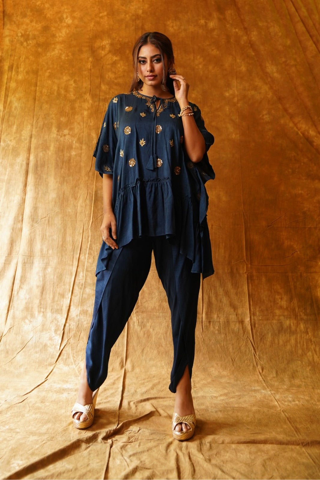 Navy Blue Kaftan Top & Overlap Dhoti Set