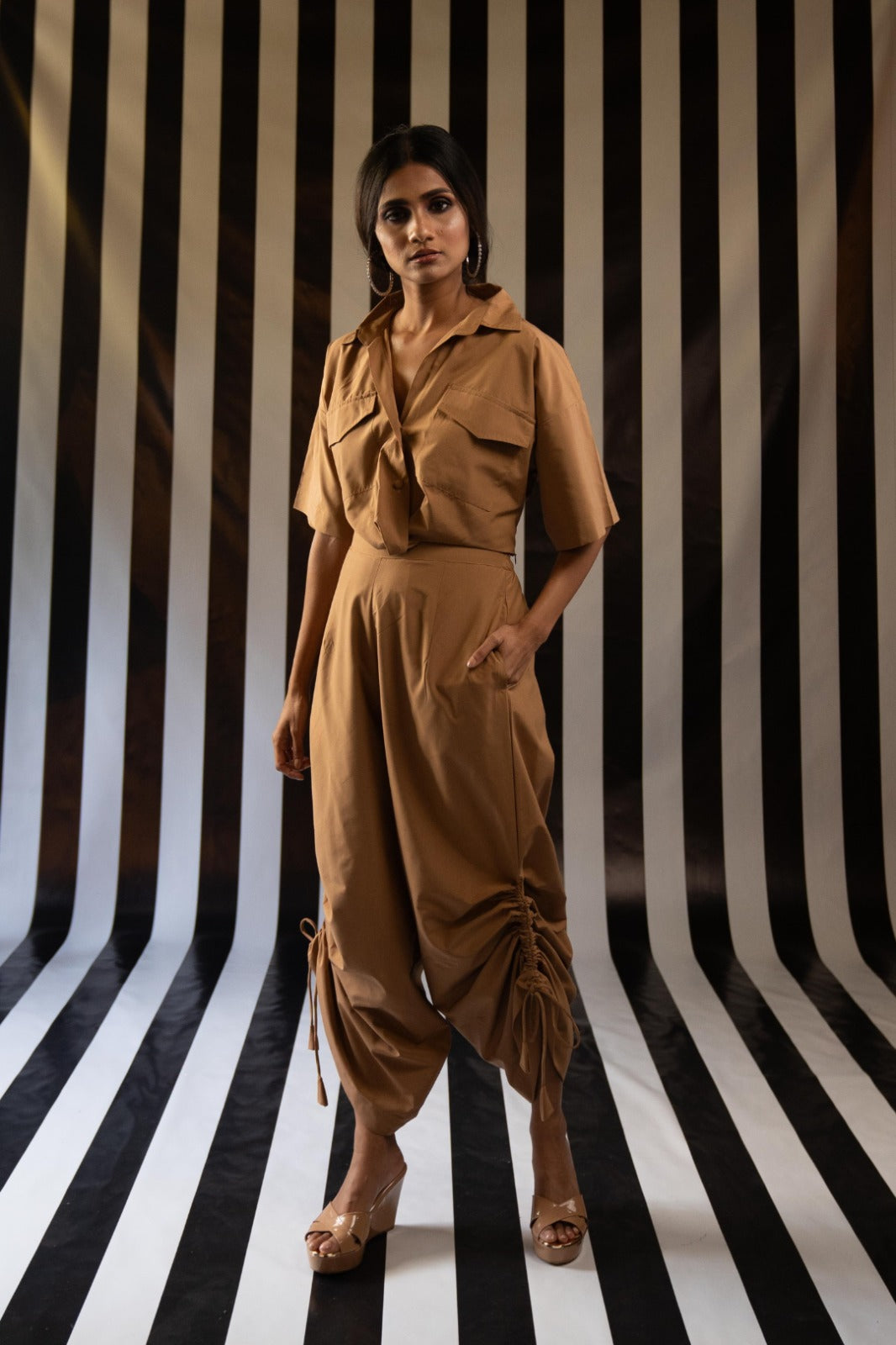 Twist Shirt + Ruched Pant in Tan Cotton - A Versatile Wardrobe Essential