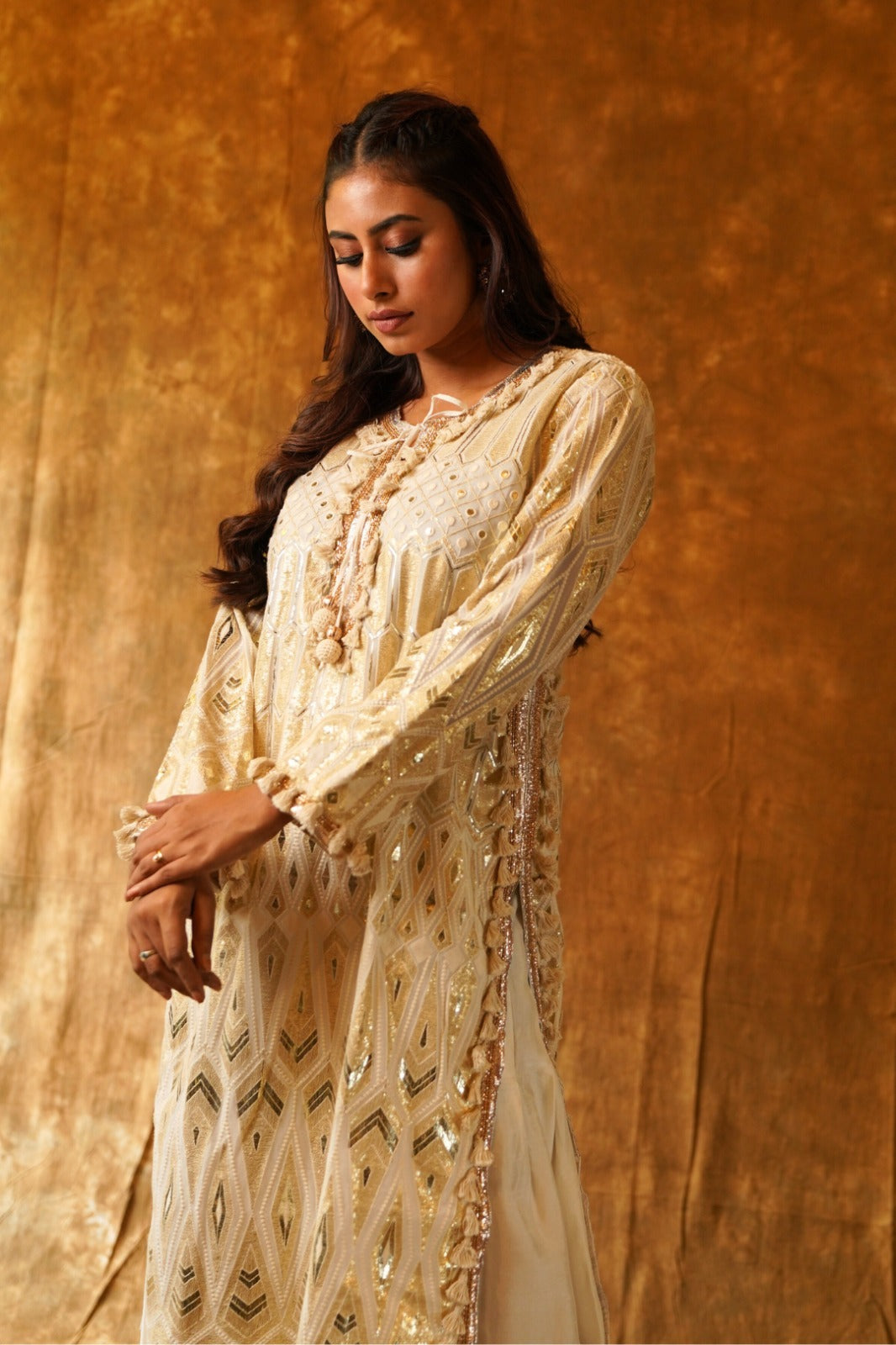 Regal Cream Dream: High-Slit Kurta with Tassels & Palazzo Pants