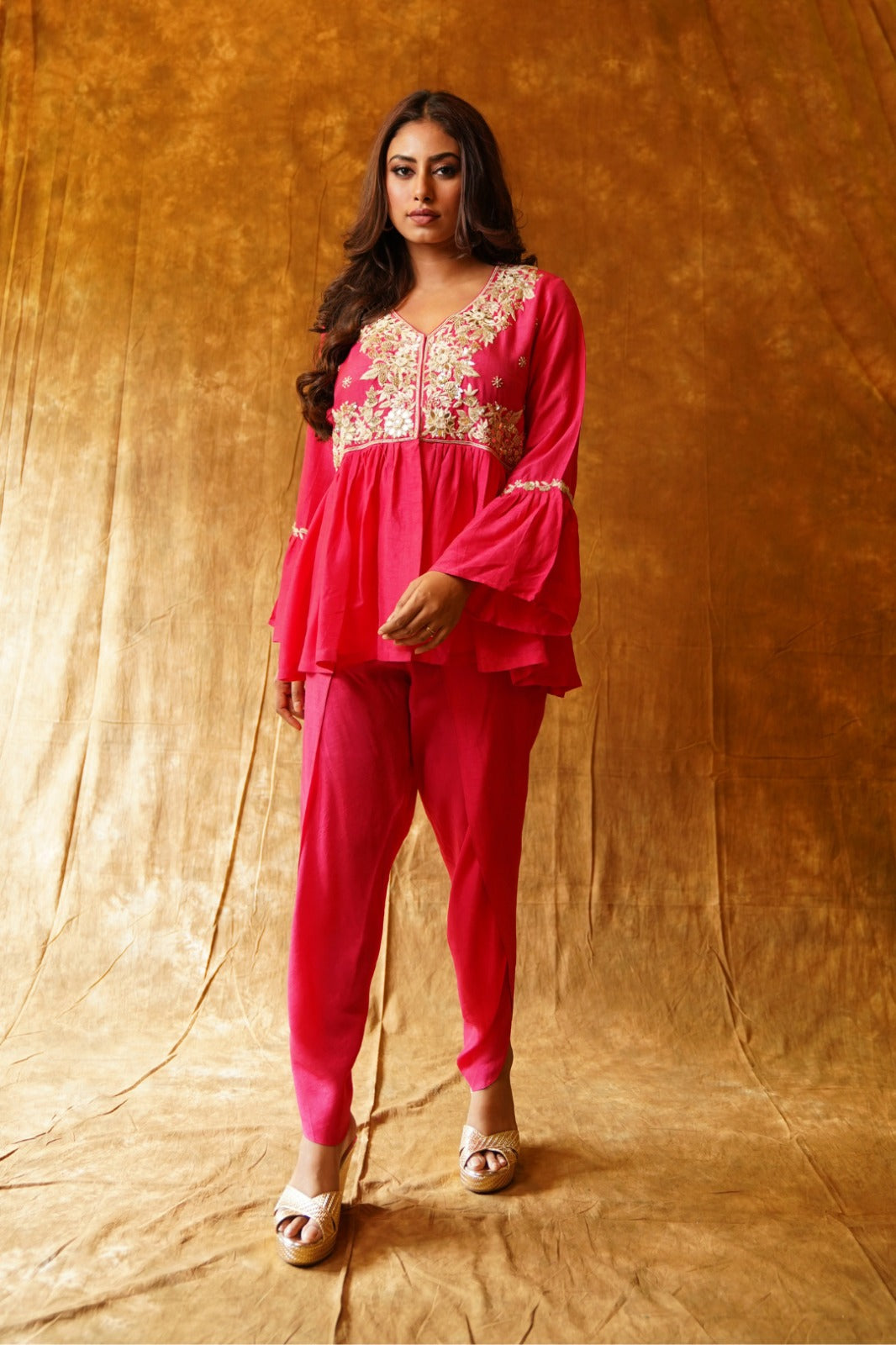 Rani Pink Festive Flair: Peplum Top & Overlap Dhoti Set