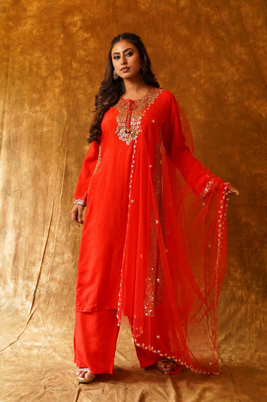 High-Slit Kurta, Palazzo & Dupatta Set