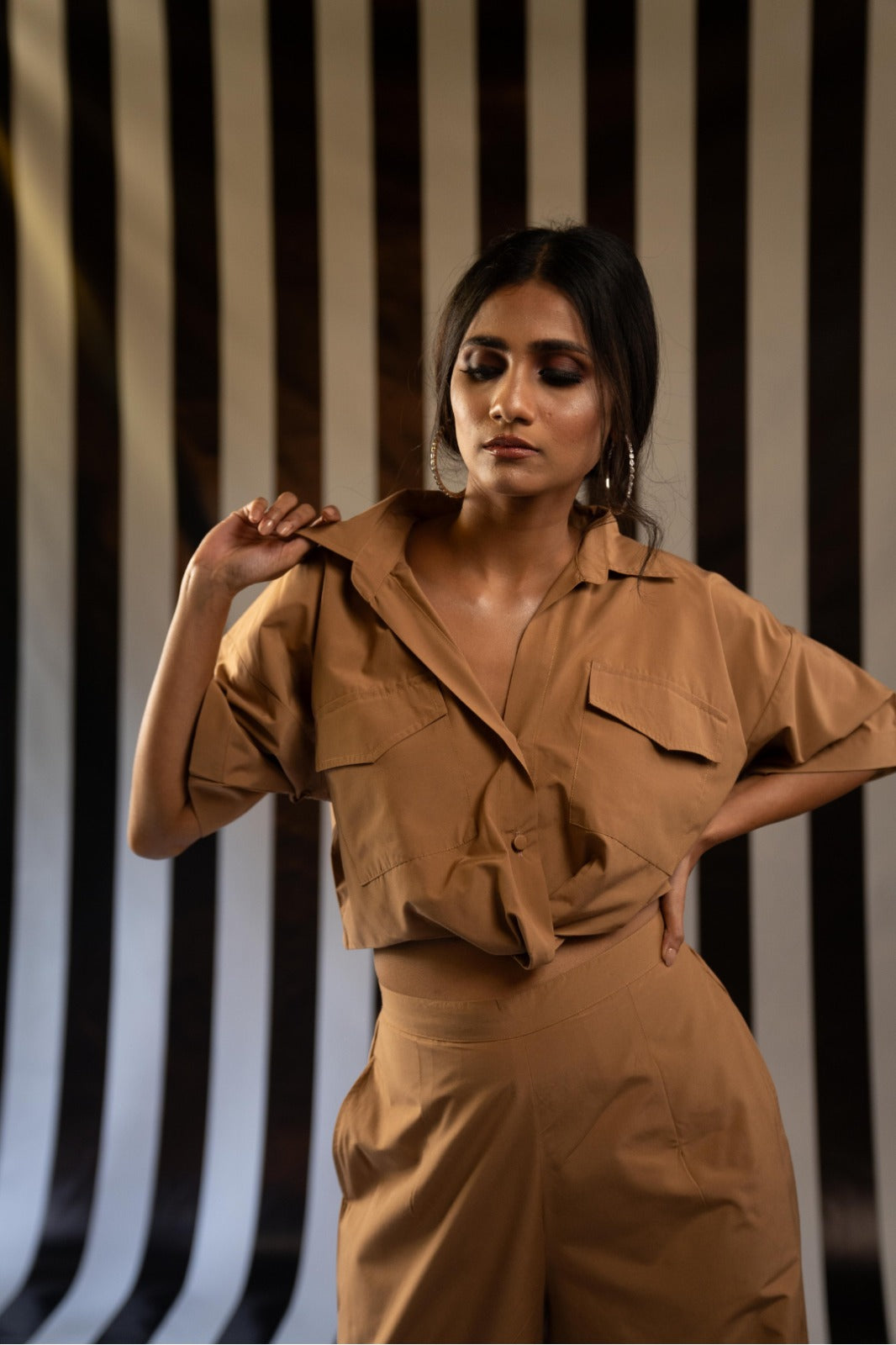 Twist Shirt + Ruched Pant in Tan Cotton - A Versatile Wardrobe Essential