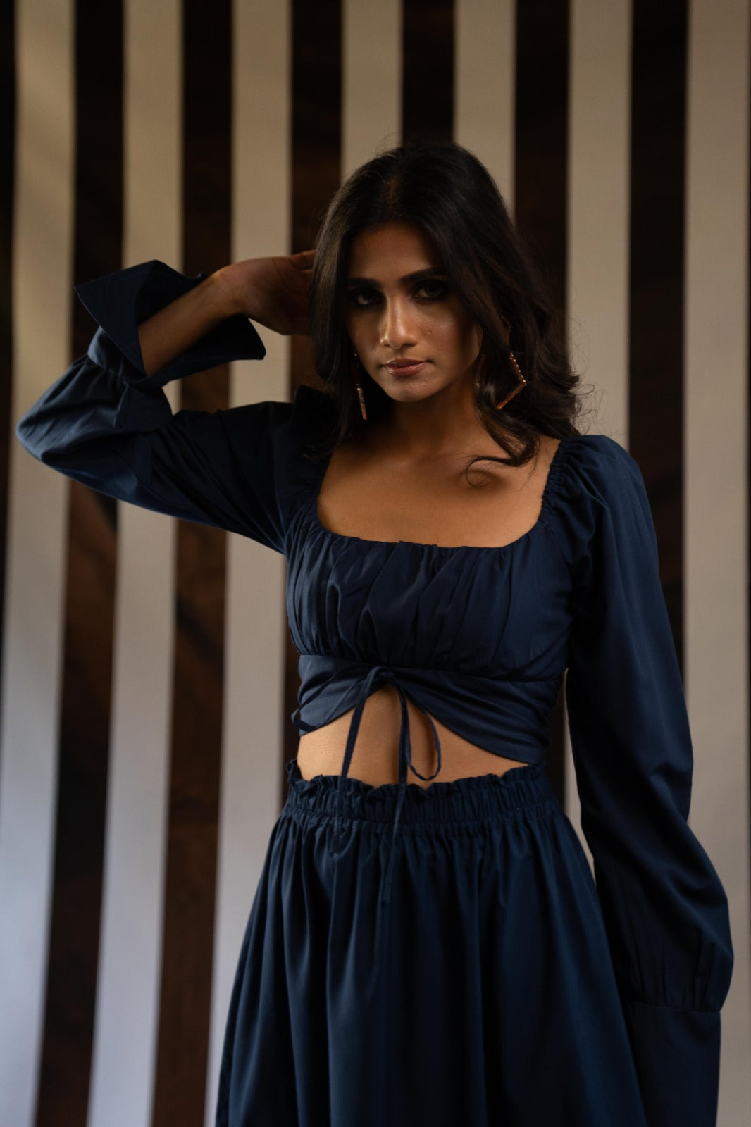 Navy Blue Long Sleeve Crop Top + Skirt Set